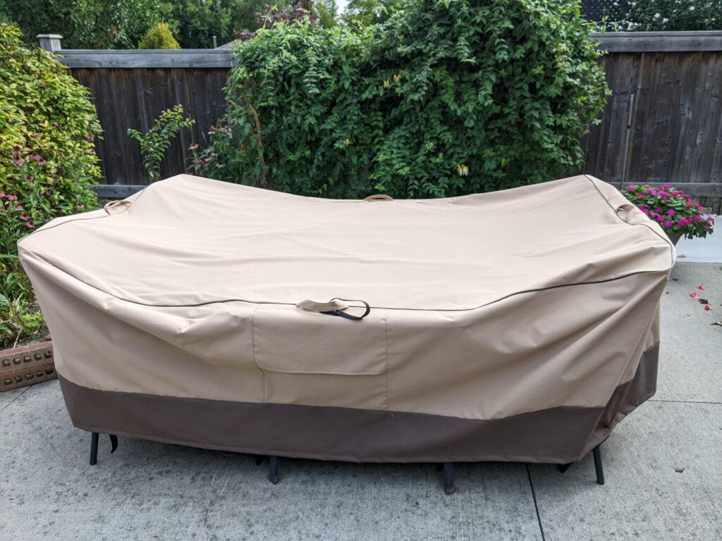 Full sized image of PatioGem's outdoor furniture cover.  This is designed to show the cover in its entirety and to give the viewer an idea of the size