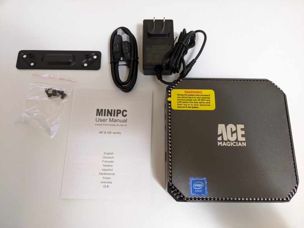 A description of the internals of the ACE MAGICIAN AK2 Pro mini PC.  You receive the mini PC, a user guide, a VESA bracket and mounting accessories along with the power cable and HDMI cable