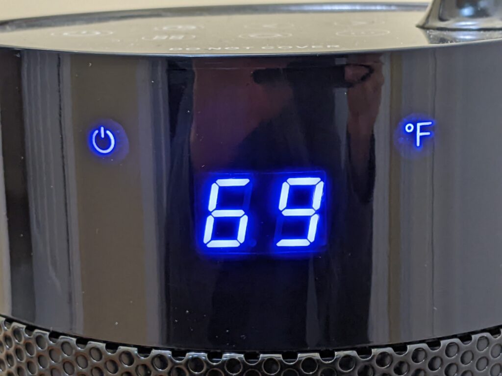Image showing an example of the display panel and the information presented including temperature which is only in Fahrenheit, as well as status of the heater